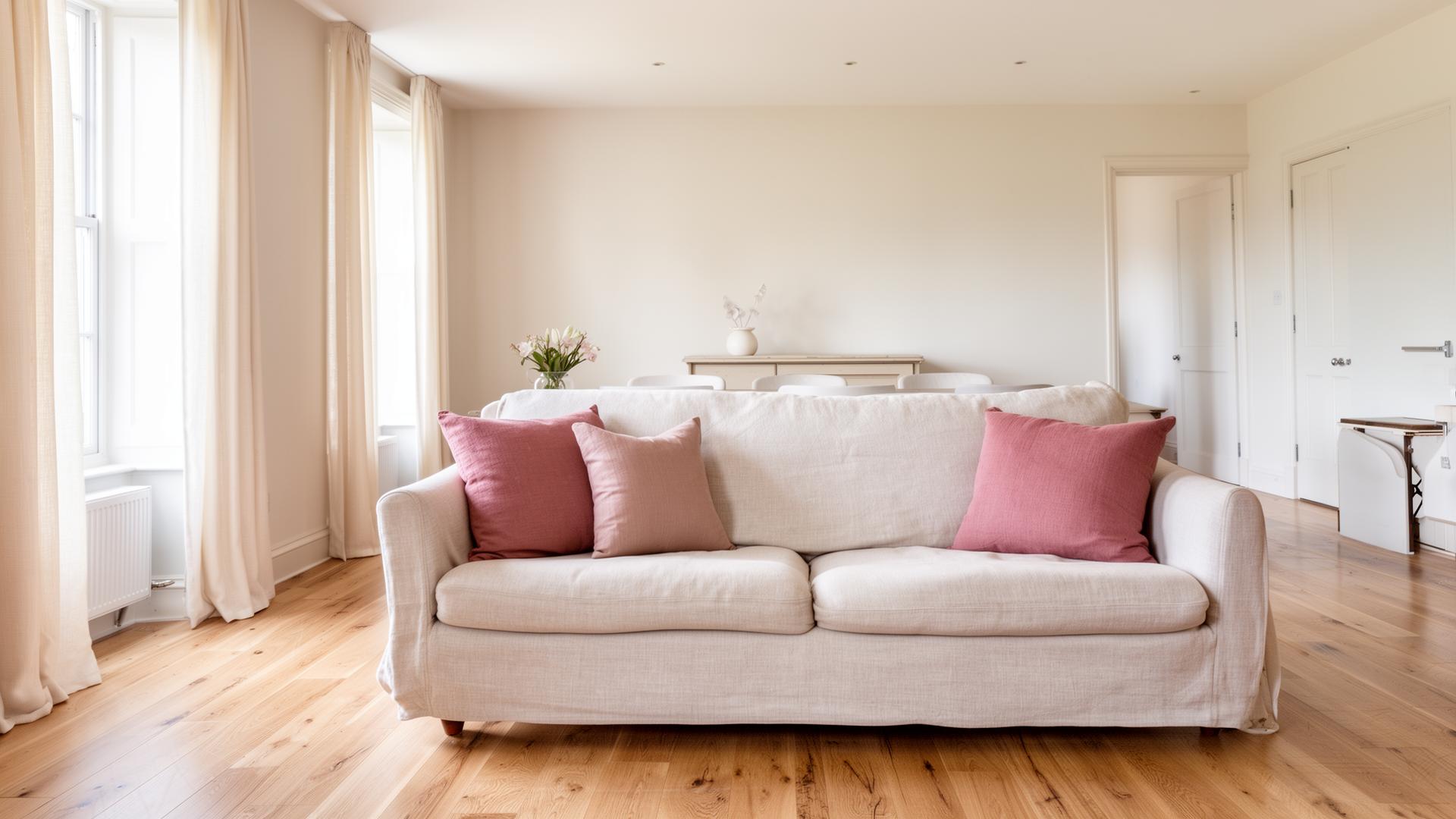 Light, airy Highlands interior with linen sofa and dusty rose cushions