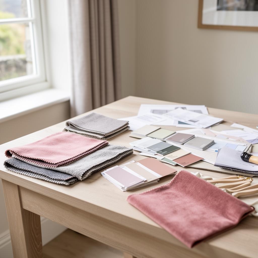 Fabric swatches and paint samples on a light oak table