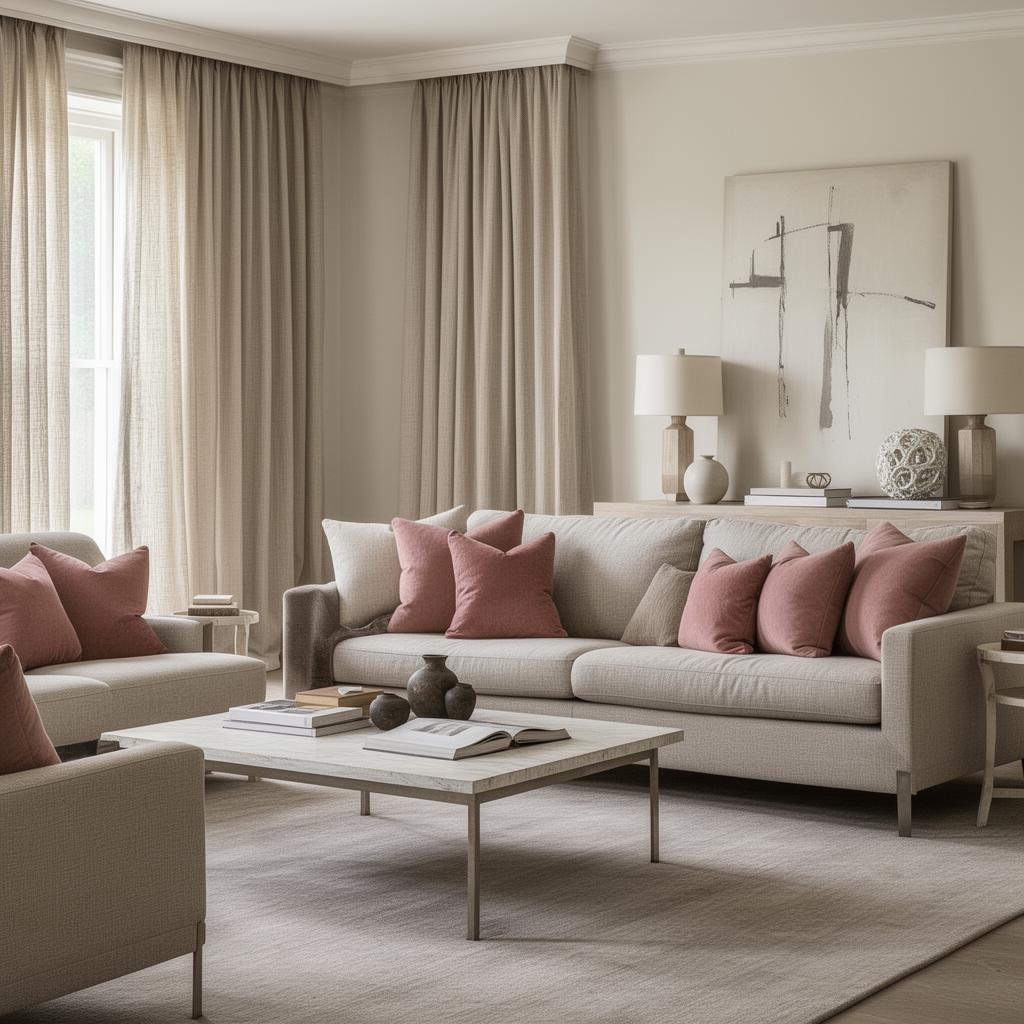 Elegant living room with neutral palette and dusty rose cushions